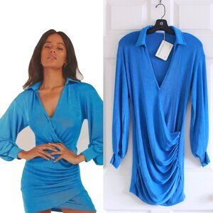 Peppermayo Risk It All Blue Long Sleeve V Neck Ruched Mini Dress